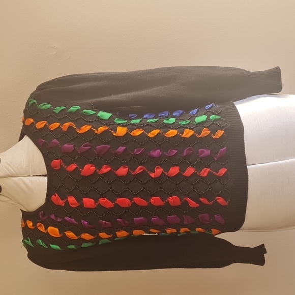 Rainbow black beaded and ribbons sweater vintage size Small - Picture 1 of 7